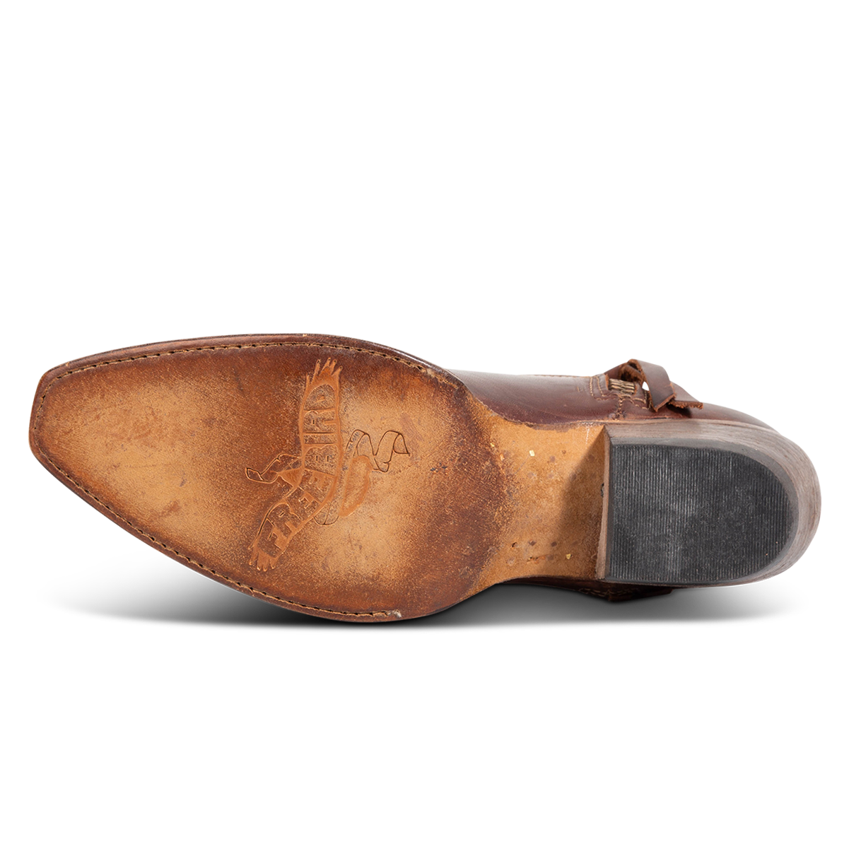Leather sole imprinted with FREEBIRD on women's Wolfie cognac leather boot
