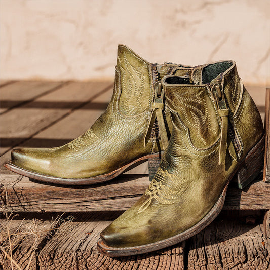 FREEBIRD women's Wolfie olive leather bootie with stitch detailing and snip toe construction