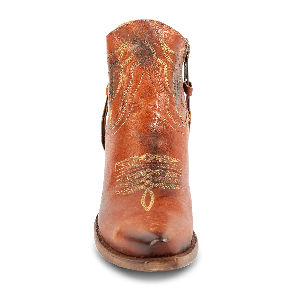 Front view of FREEBIRD women's Wolfie whiskey leather bootie with stitch detailing, snip toe construction and symmetrical brass zip closures
