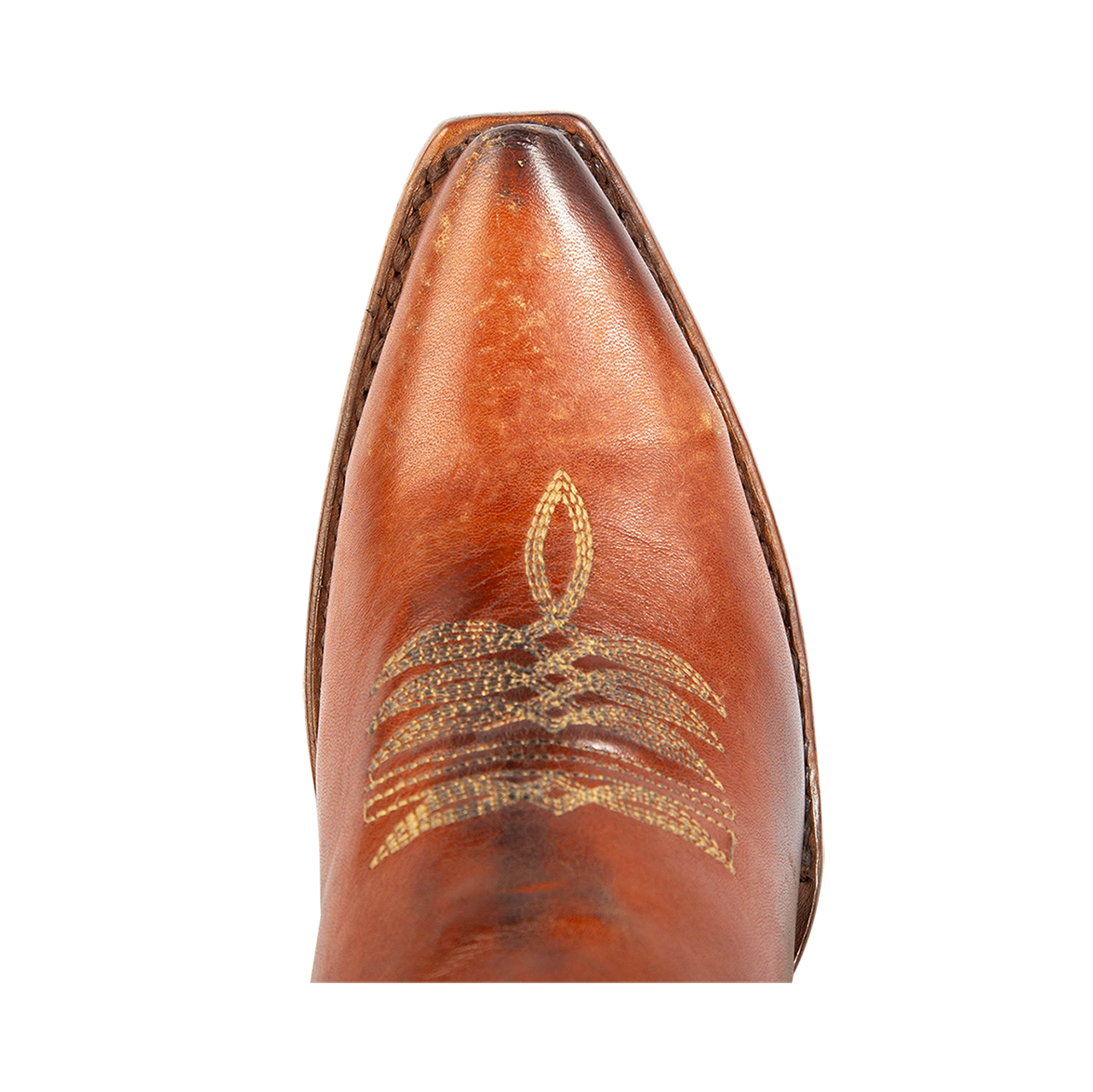 Top view of FREEBIRD women's Wolfie whiskey leather bootie with stitch detailing and snip toe construction