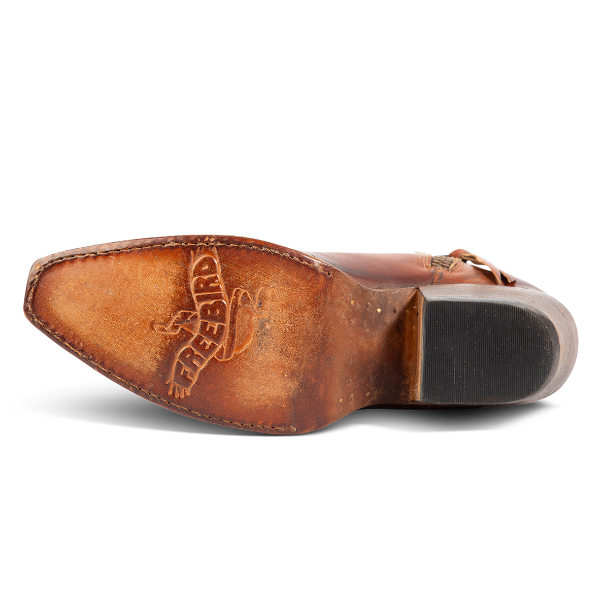 Leather sole imprinted with FREEBIRD on women's Wolfie whiskey leather boot