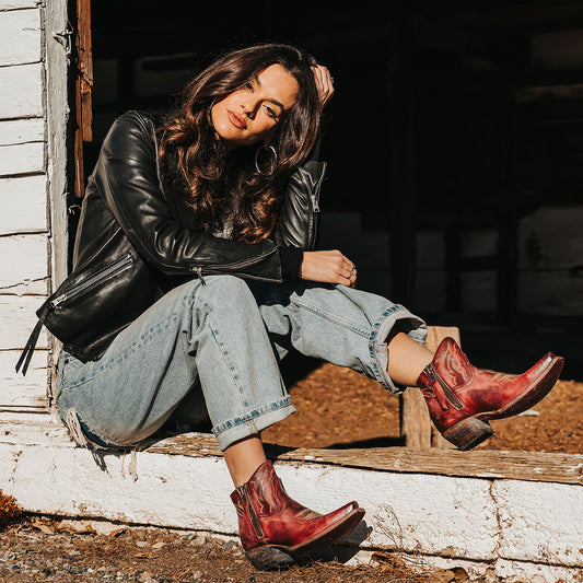 FREEBIRD women's Wolfie wine leather bootie with stitch detailing and snip toe construction lifestyle image