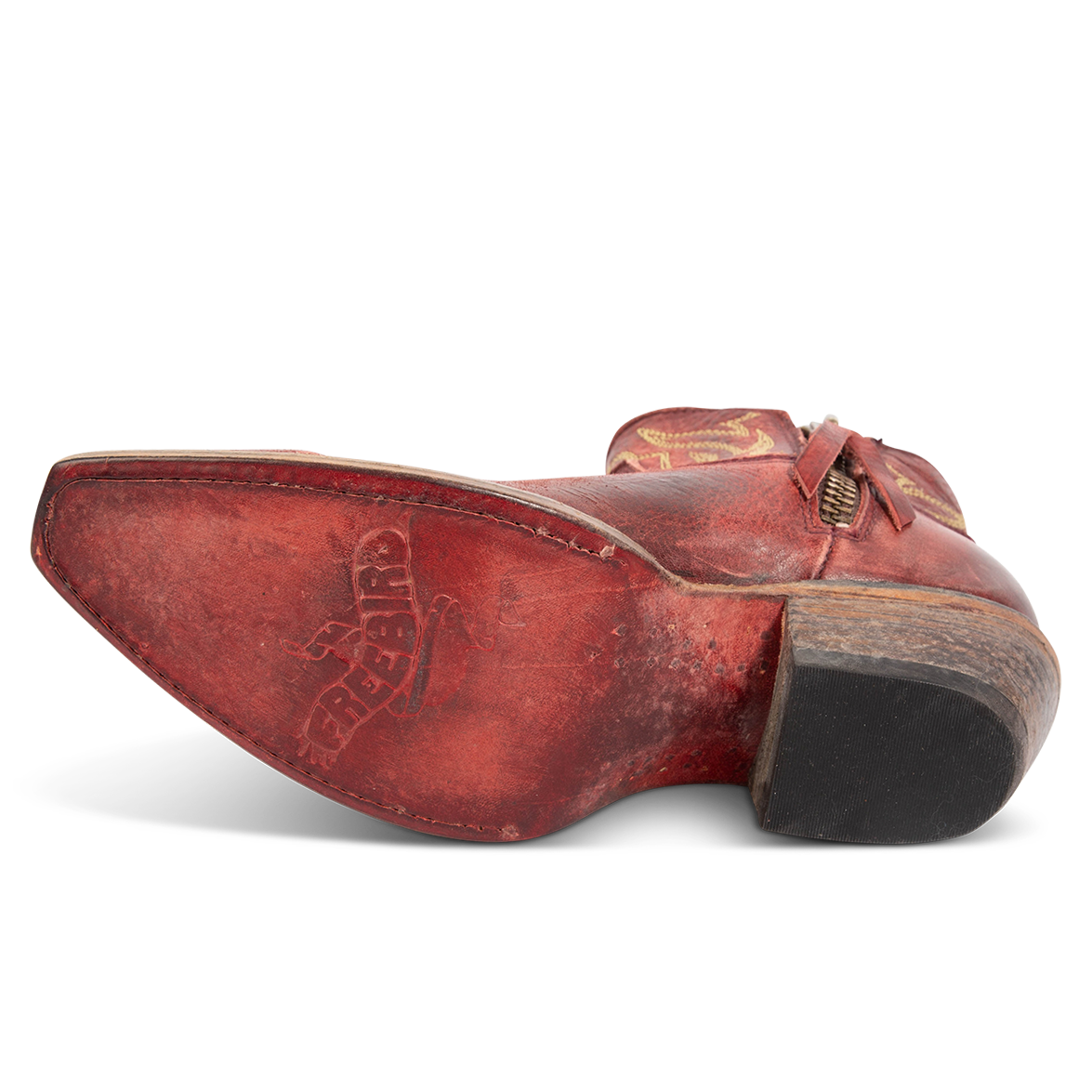 Leather sole imprinted with FREEBIRD on women's Wolfie wine leather boot