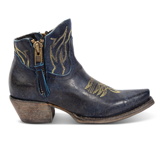 FREEBIRD women's Wolfie blue leather bootie with stitch detailing and snip toe construction