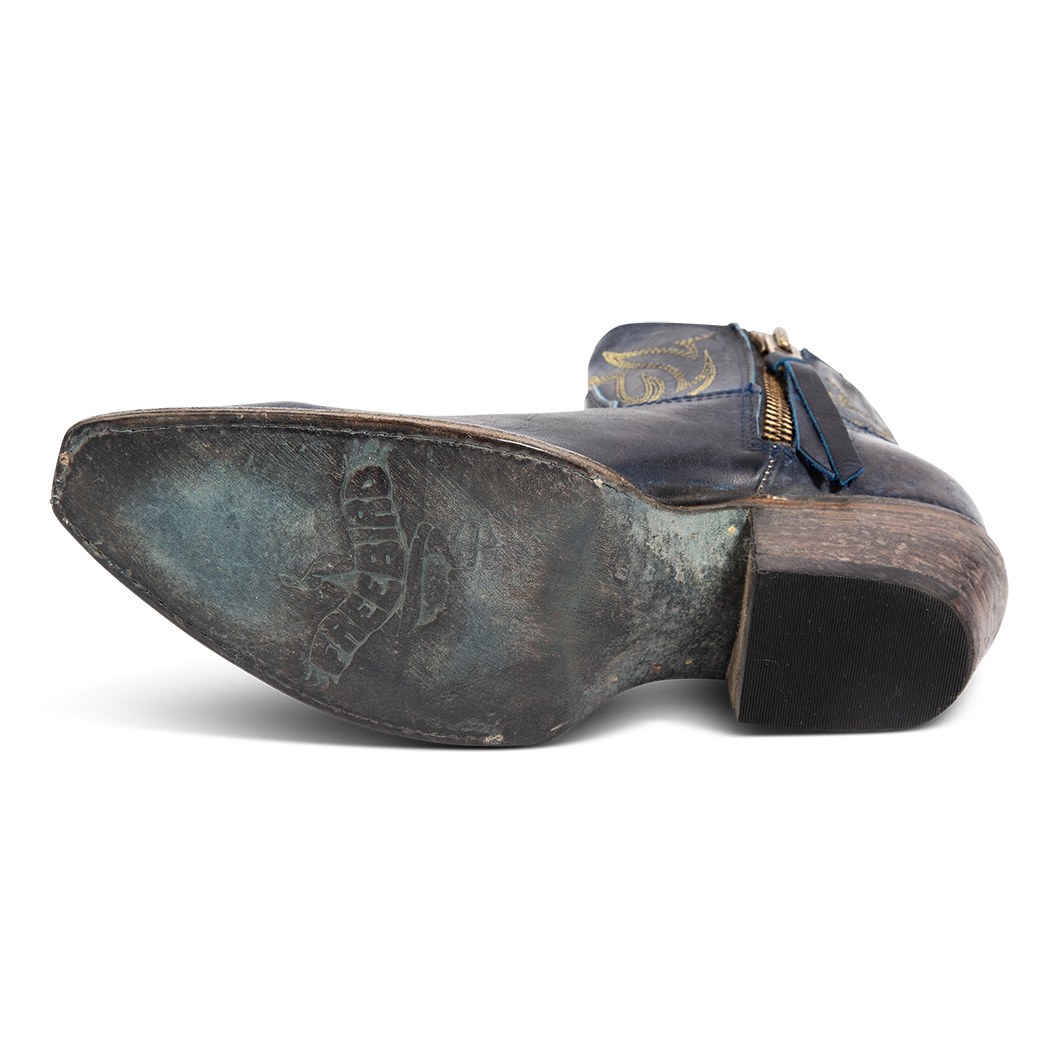 Leather sole imprinted with FREEBIRD on women's Wolfie blue leather boot
