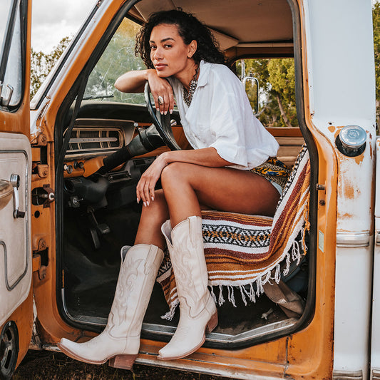 FREEBIRD women's Woodland beige leather cowboy boot with stitch detailing and snip toe construction lifestyle