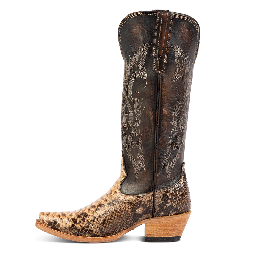 Side view showing leather pull straps and western stitch detailing on FREEBIRD women's Woodland beige python multi leather boot