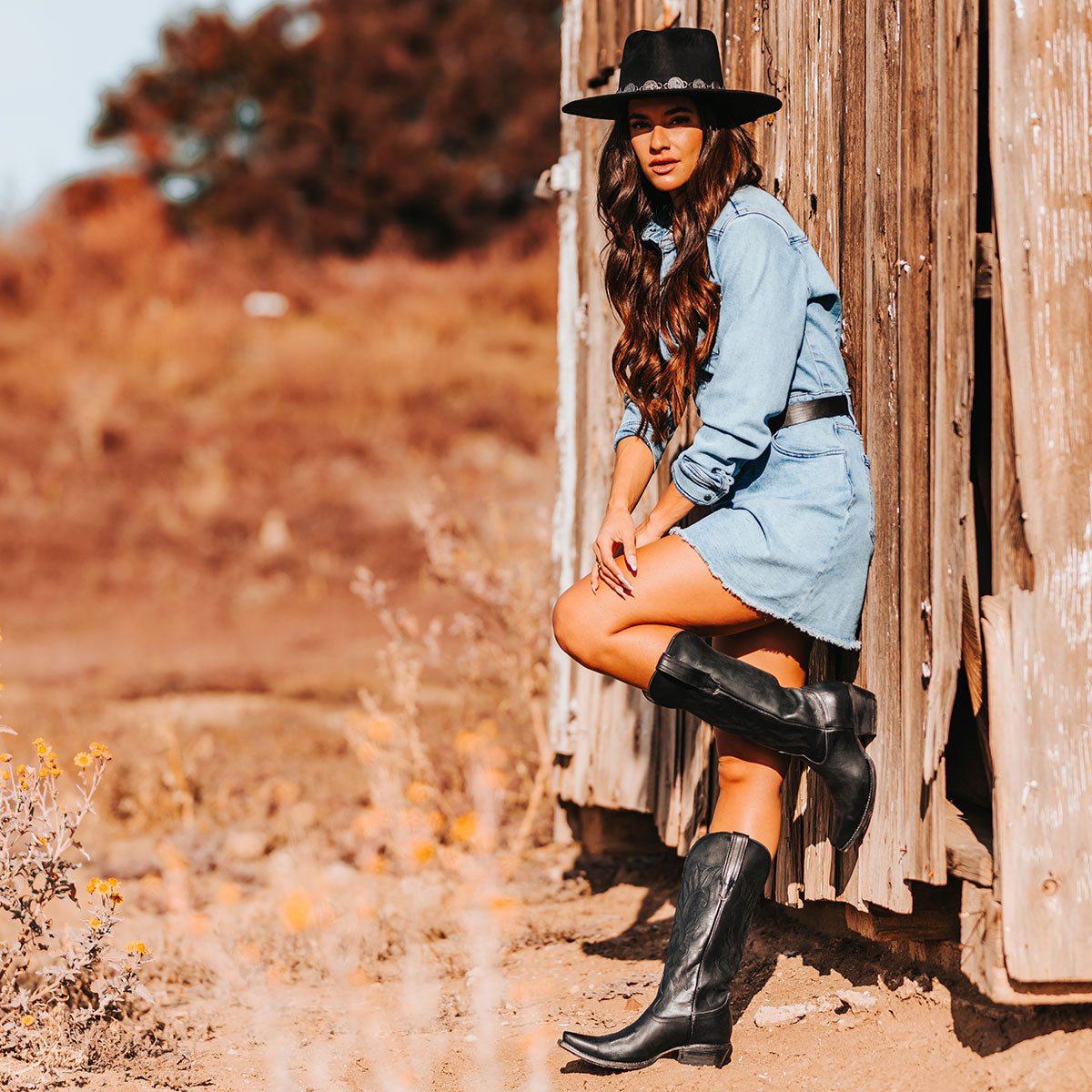 FREEBIRD women's Woodland black leather cowboy boot with stitch detailing and snip toe construction lifestyle image