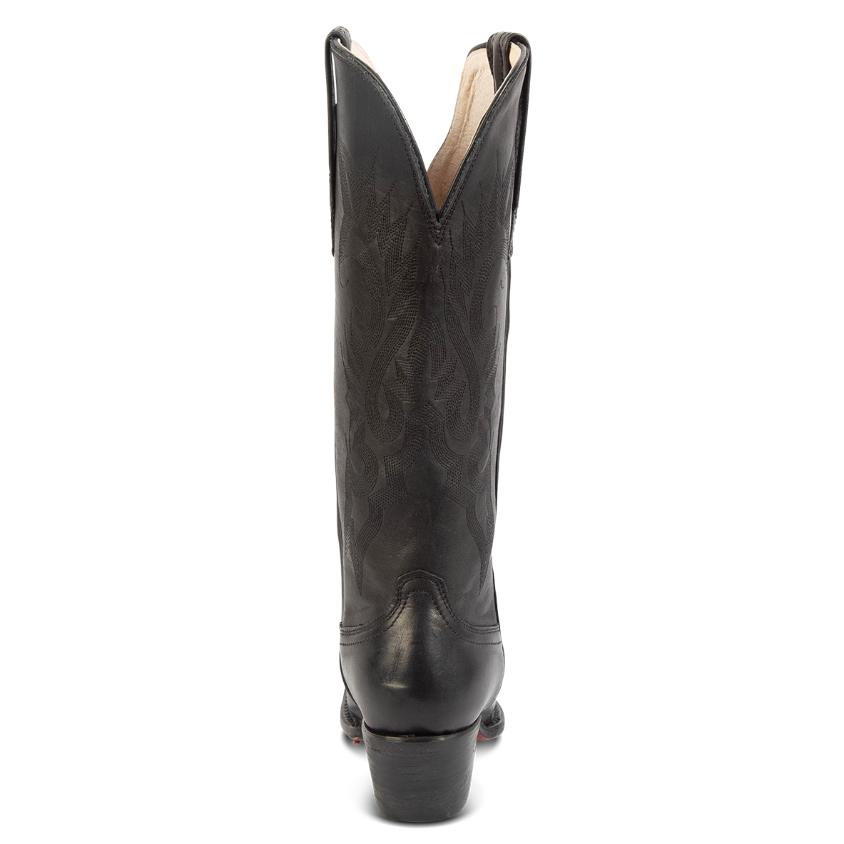 Back view showing back dip and leather heel with western stitch detailing on FREEBIRD women's Woodland black leather boot