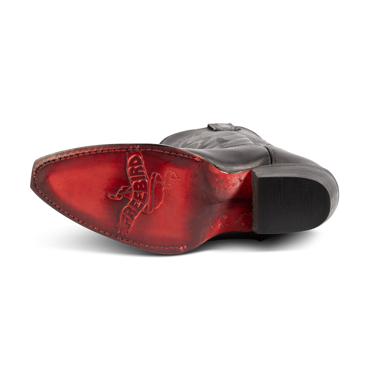 Leather sole imprinted with FREEBIRD on women's Woodland black leather boot