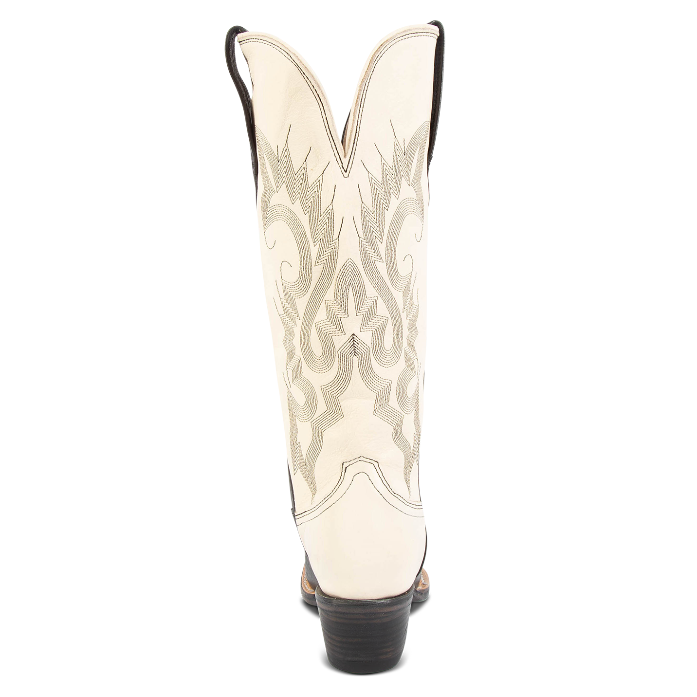 Back view showing back dip and leather heel with western stitch detailing on FREEBIRD women's Woodland black white multi boot