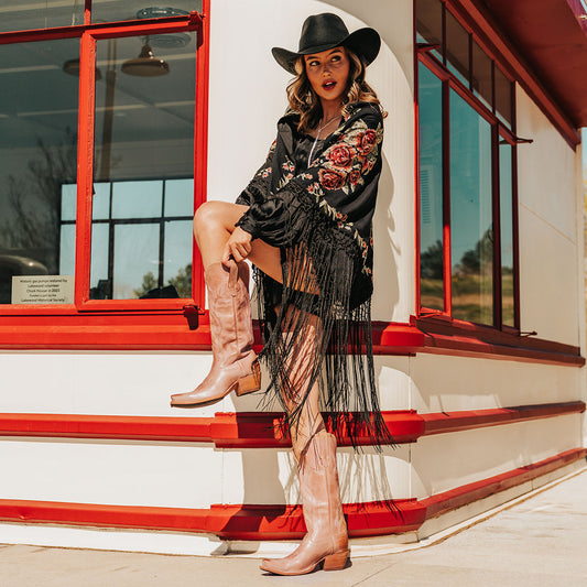 FREEBIRD women's Woodland blush leather cowboy boot with stitch detailing and snip toe construction lifestyle image