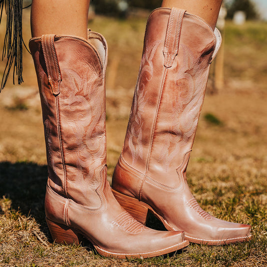 FREEBIRD women's Woodland blush leather cowboy boot with stitch detailing and snip toe construction