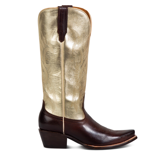 FREEBIRD women's Woodland gold brown multi leather cowboy boot with stitch detailing and snip toe construction