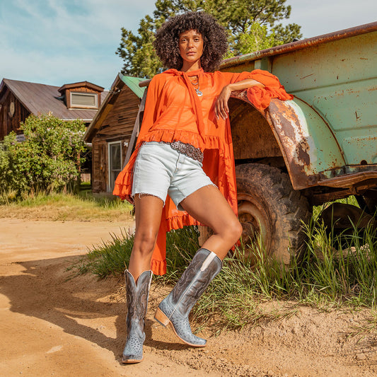 FREEBIRD women's Woodland ice ostrich leather cowboy boot with stitch detailing and snip toe construction lifestyle