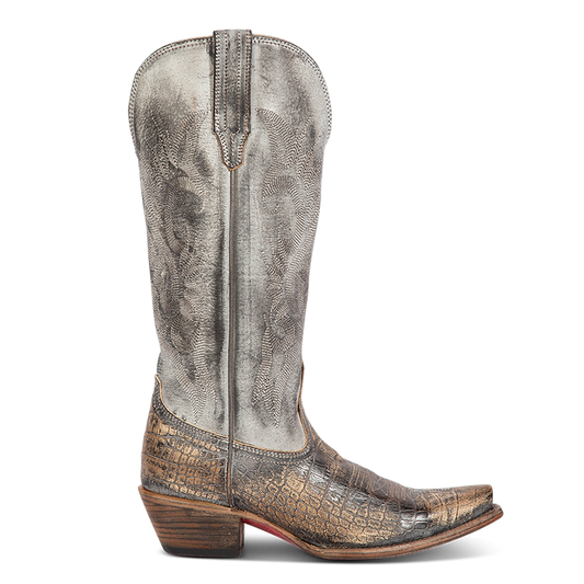 FREEBIRD women's WOODLAND pewter croco multi leather western boots featuring a snip toe, decorative stitching, and traditional pull straps