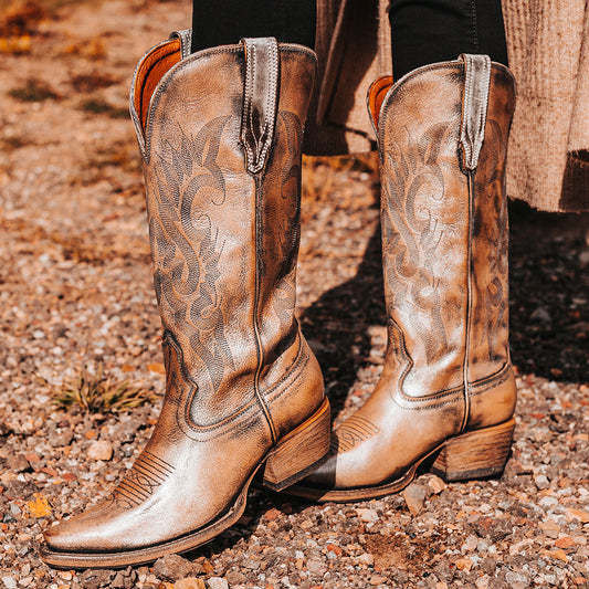 FREEBIRD women's Woodland pewter leather cowboy boot with stitch detailing and snip toe construction