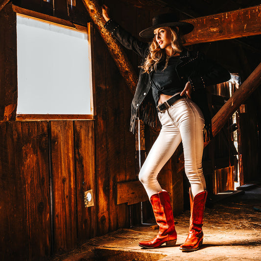 FREEBIRD women's Woodland red leather cowboy boot with stitch detailing and snip toe construction lifestyle image