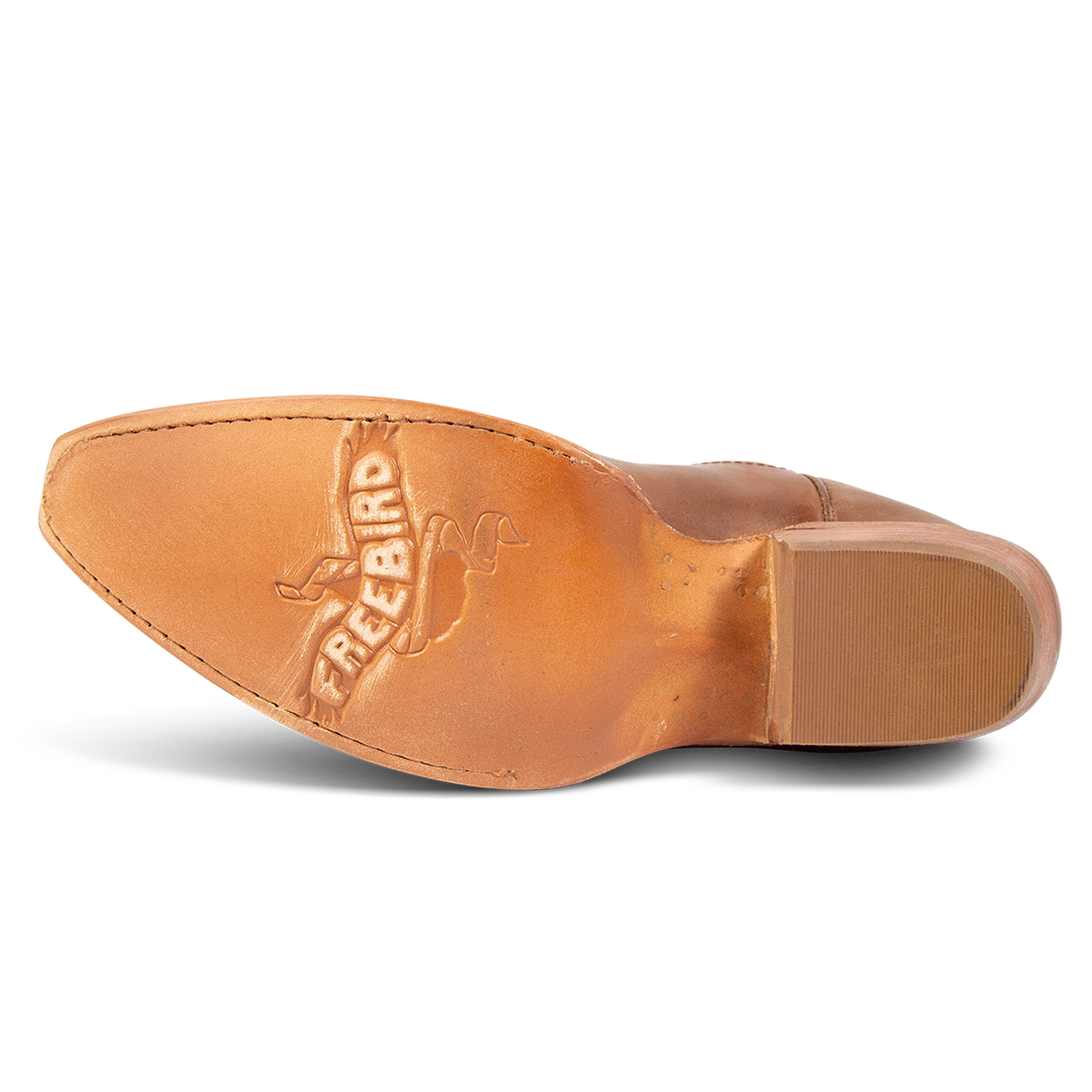 Leather sole imprinted with FREEBIRD on women's Woodland tan leather boot