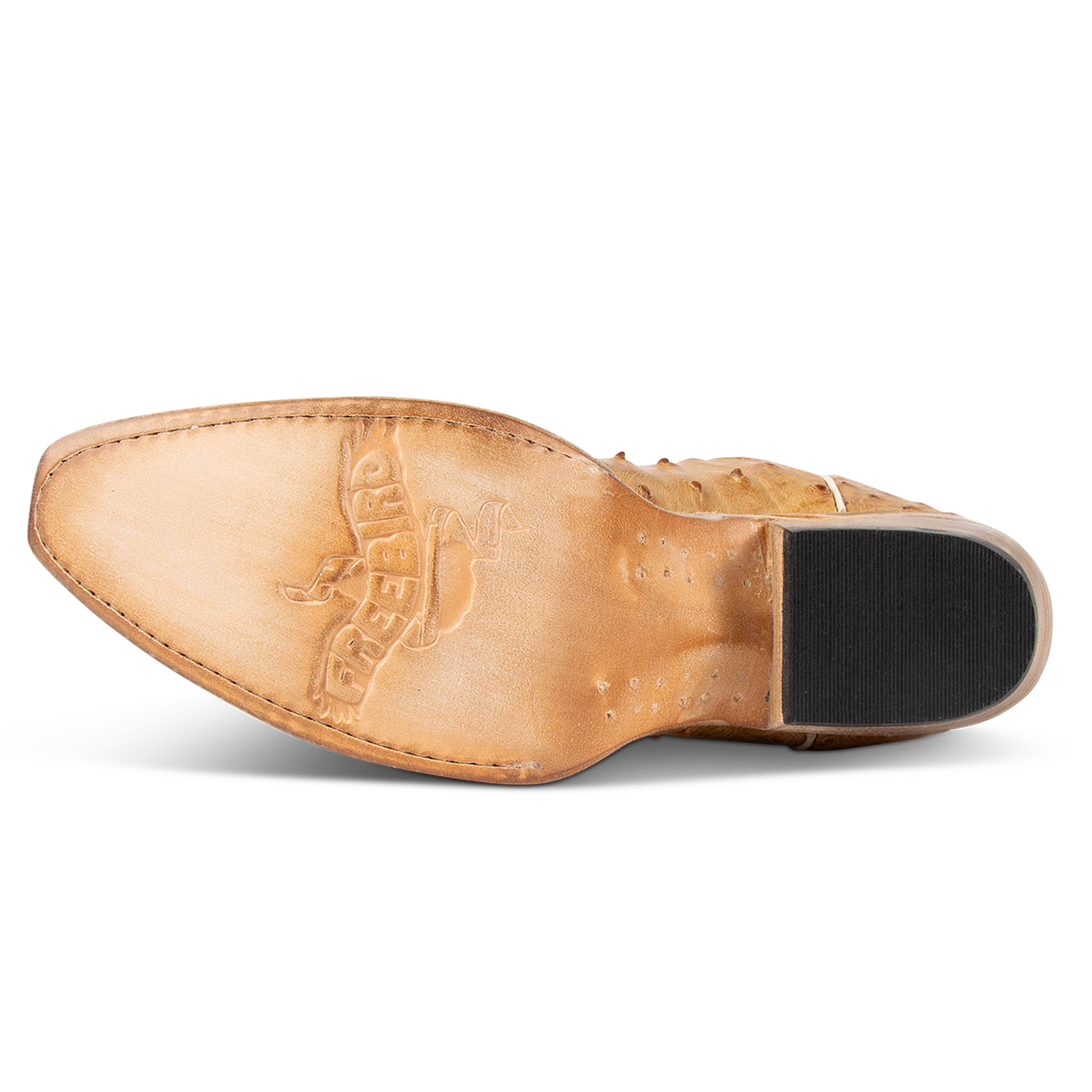 Leather sole imprinted with FREEBIRD on women's Woodland wheat ostrich leather boot