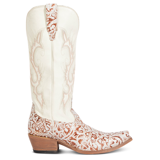 FREEBIRD women's WOODLAND white-multi tooled leather western boots featuring a snip toe, decorative stitching, and traditional pull straps