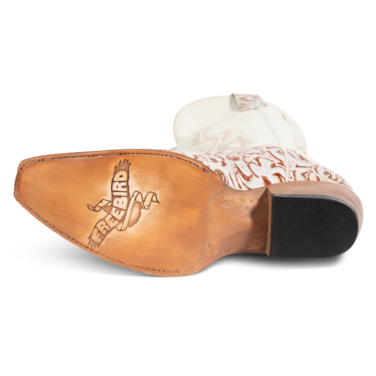 Leather sole imprinted with FREEBIRD on women's Woodland white multi tooled leather Western boot