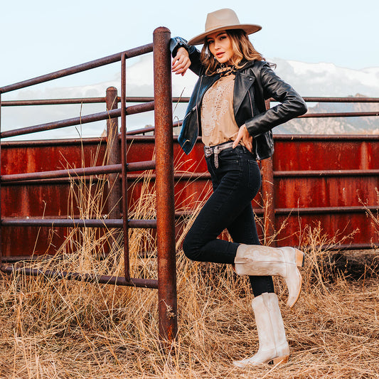 FREEBIRD women's Woody beige leather boot with stitch detailing and snip toe construction lifestyle image