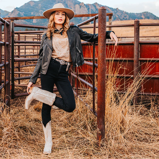 FREEBIRD women's Woody beige leather boot with stitch detailing and snip toe construction lifestyle