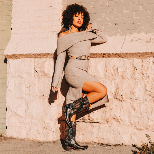 FREEBIRD women's Woody black leather boot with stitch detailing and snip toe construction lifestyle image