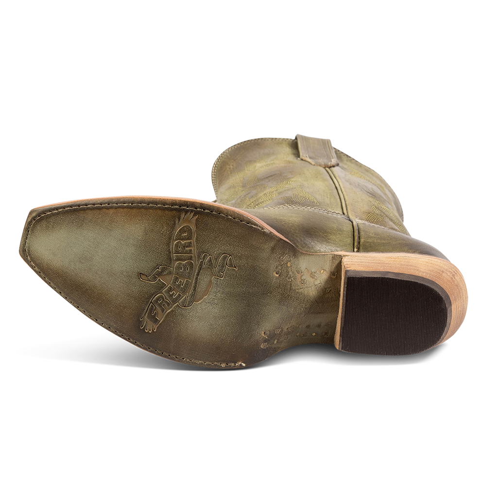 Leather sole imprinted with FREEBIRD on women's Woody olive leather boot