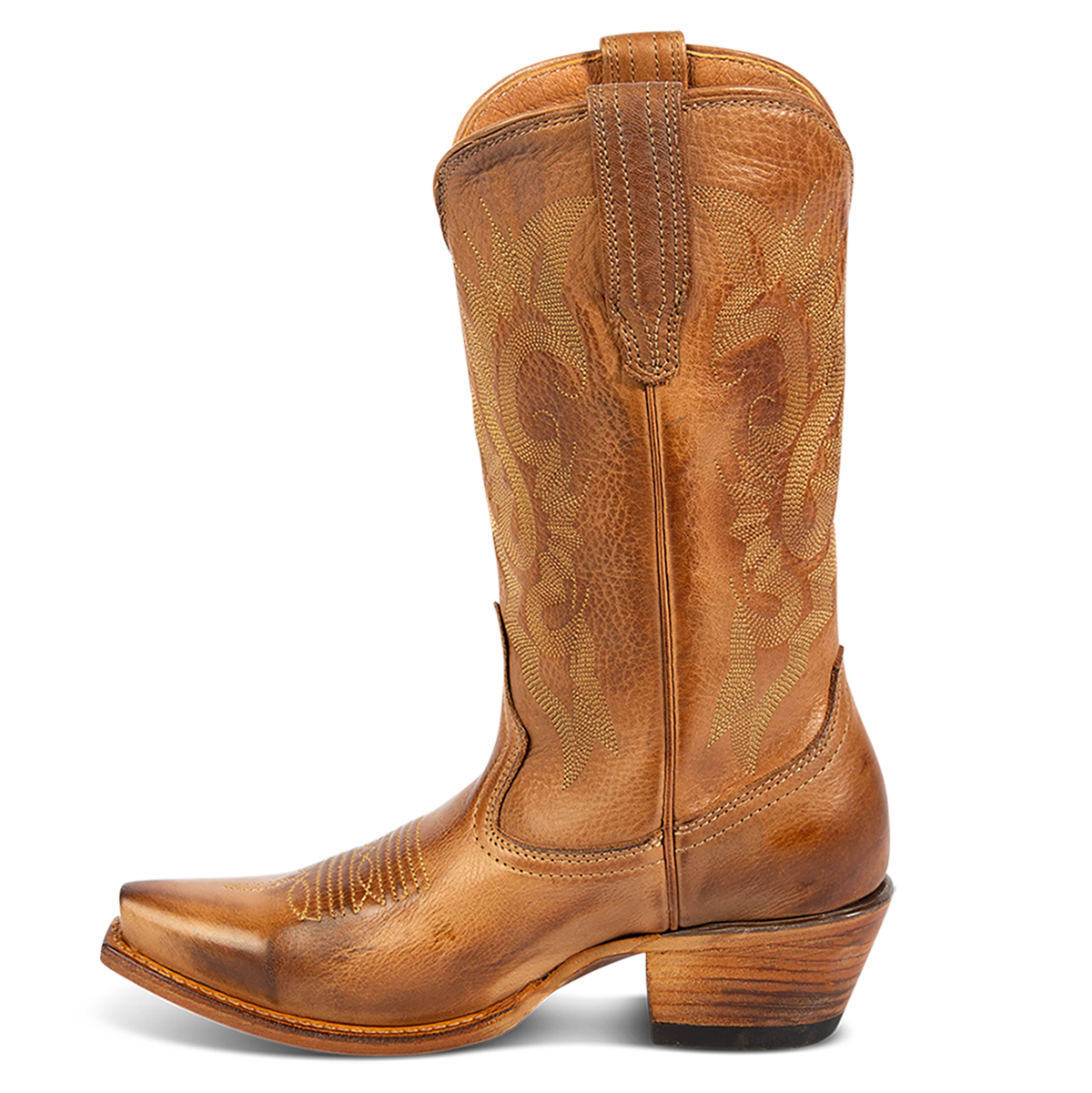 Side view showing FREEBIRD women's Woody wheat leather boot with stitch detailing and snip toe construction
