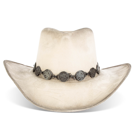 FREEBIRD Wyatt beige distressed faux suede hat with a pinched crown, curved brim and engraved coin belt