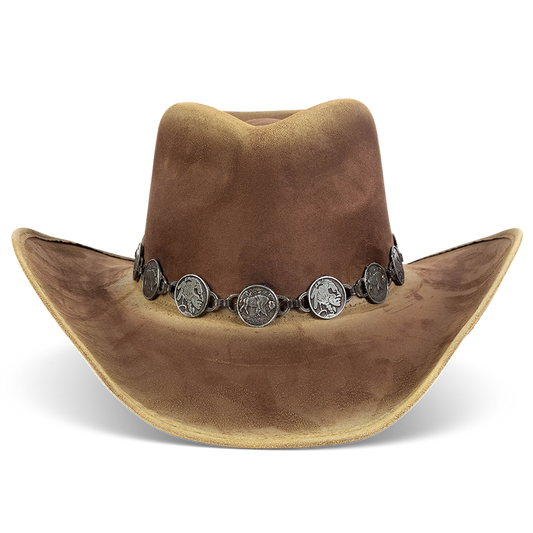 FREEBIRD Wyatt brown distressed faux suede hat with a pinched crown, curved brim and engraved coin belt