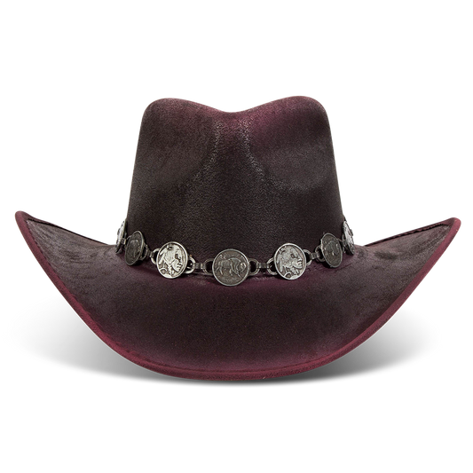 FREEBIRD Wyatt wine distressed faux suede hat with a pinched crown, curved brim and engraved coin belt