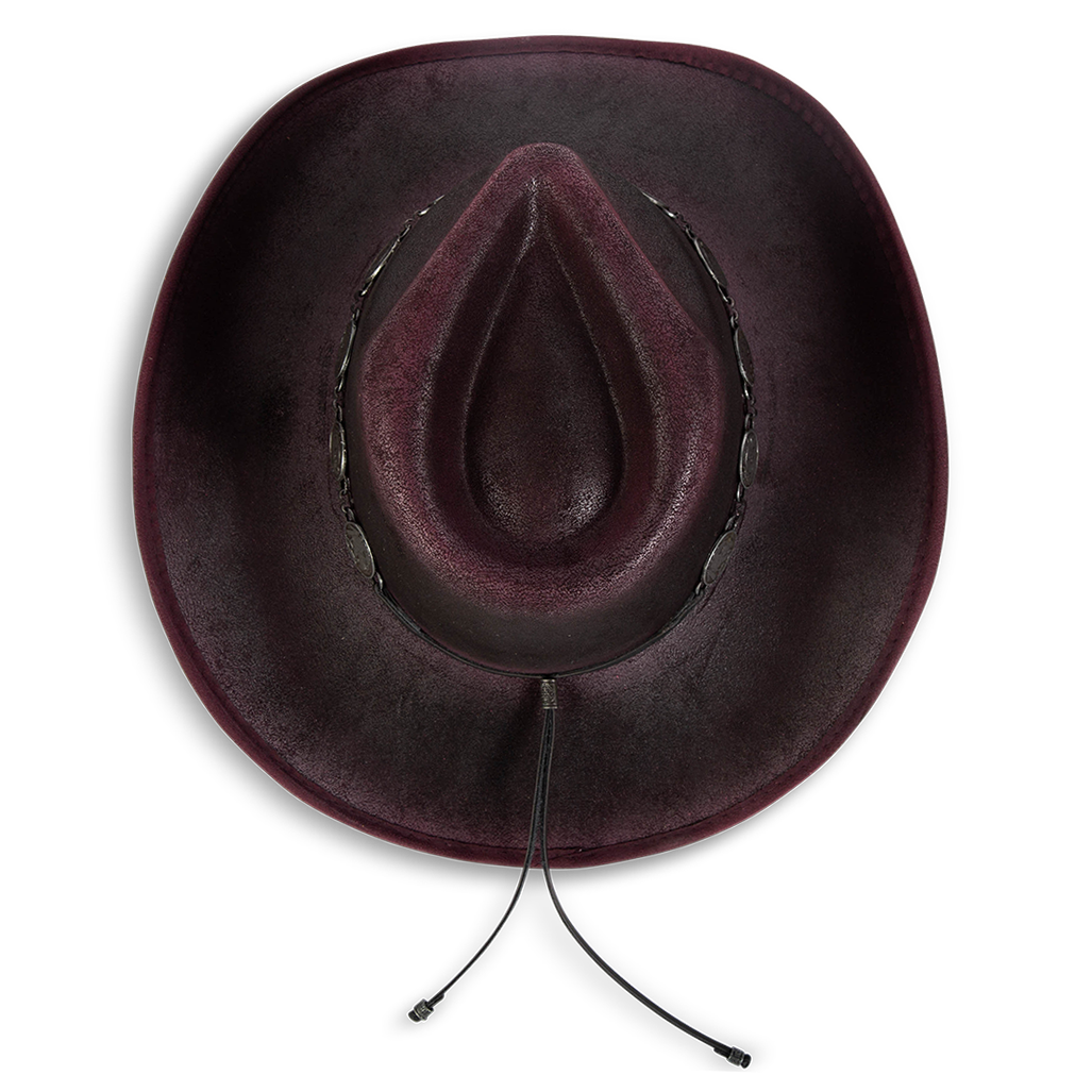 Top view showing FREEBIRD Wyatt wine distressed faux suede hat with a pinched crown, curved brim and engraved coin belt