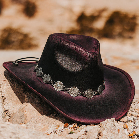 FREEBIRD Wyatt wine distressed faux suede hat with a pinched crown, curved brim and engraved coin belt
