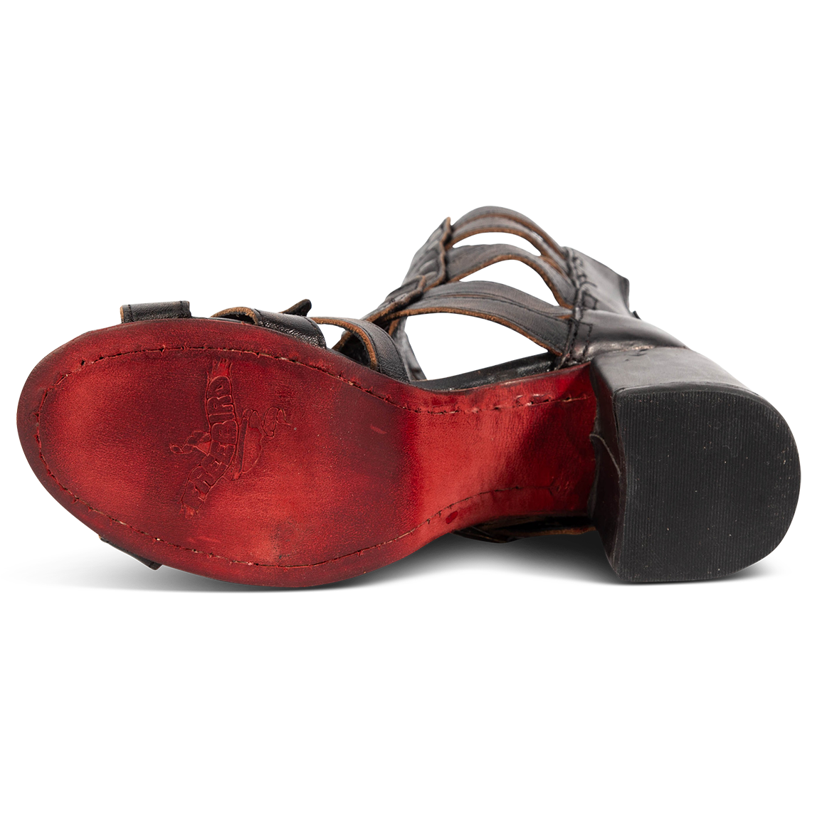 Leather sole on FREEBIRD women's Zeus Black heeled sandal