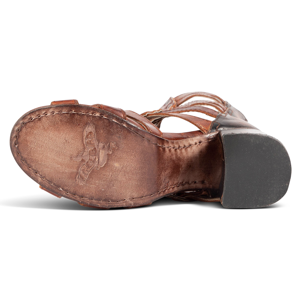 Leather sole on FREEBIRD women's Zeus Cognac Multi heeled sandal