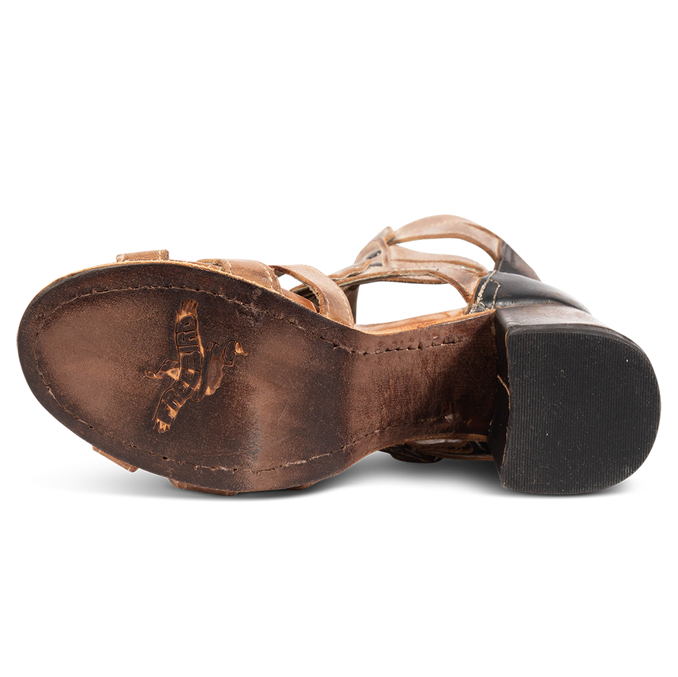 Leather sole on FREEBIRD women's Zeus Taupe Multi heeled sandal