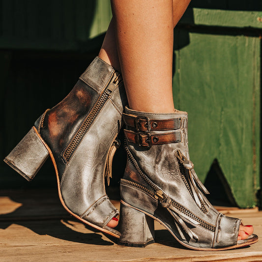 FREEBIRD women's Zombi ice sandal with zip and buckle leather detailing and stacked heel