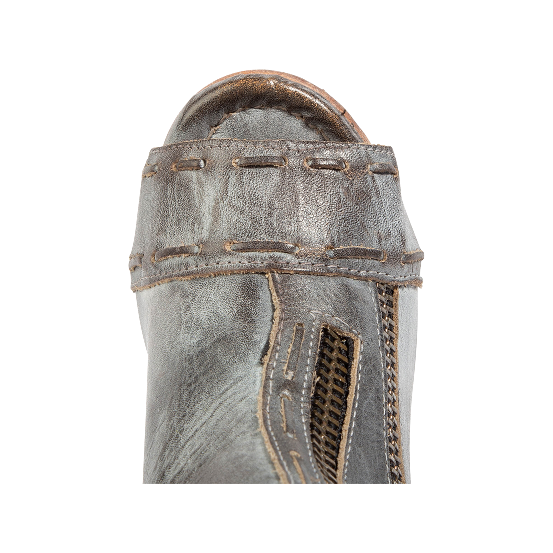 Top view showing peep toe with leather stitch detailing on FREEBIRD women's Zombi ice sandal