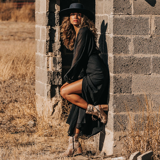 FREEBIRD women's Zombi taupe sandal with zip and buckle leather detailing and stacked heel lifestyle image