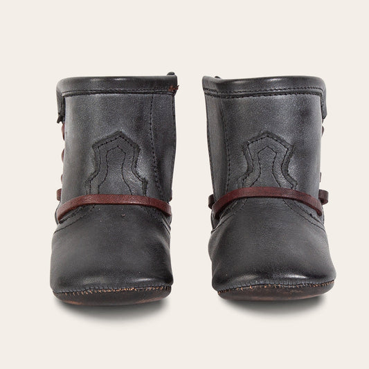 FREEBIRD infant baby coal black back lace detailing leather bootie with inside velcro closure lifestyle image