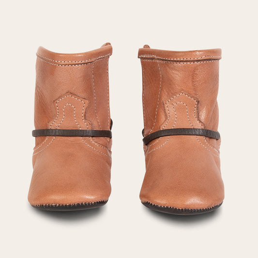 FREEBIRD infant baby coal dusty rose back lace detailing leather bootie with inside velcro closure lifestyle image