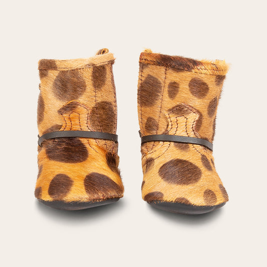 FREEBIRD infant baby coal leopard back lace detailing leather bootie with inside velcro closure lifestyle image