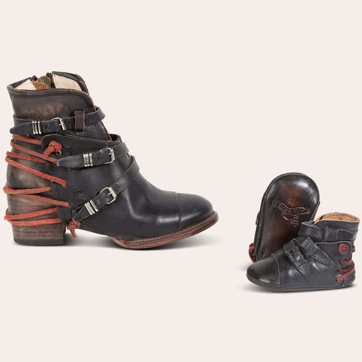 FREEBIRD infant baby crue black back lace detailing and side strap detailing leather bootie with inside velcro closure lifestyle image