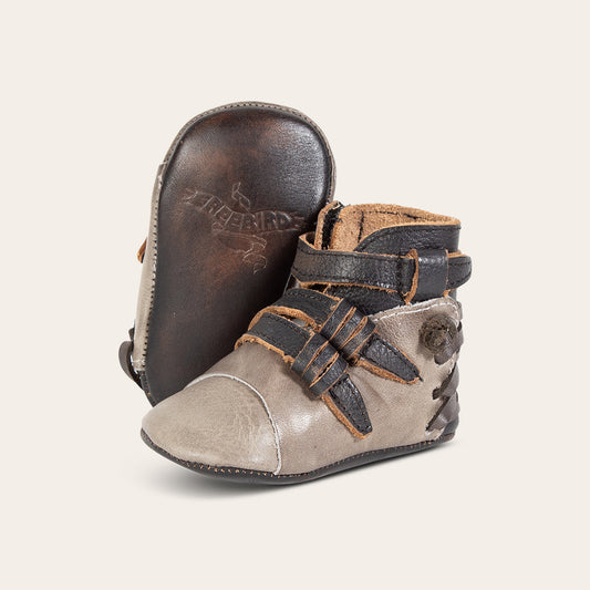 FREEBIRD infant baby crue grey multi back lace detailing and side strap detailing leather bootie with inside velcro closure lifestyle image