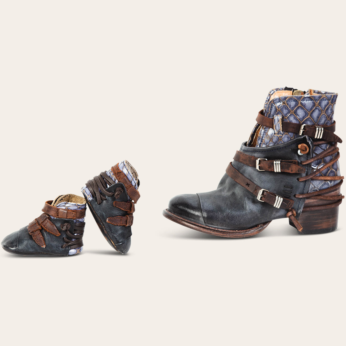 FREEBIRD infant baby crue navy multi back lace and side strap detailing leather bootie with inside velcro closure lifestyle image