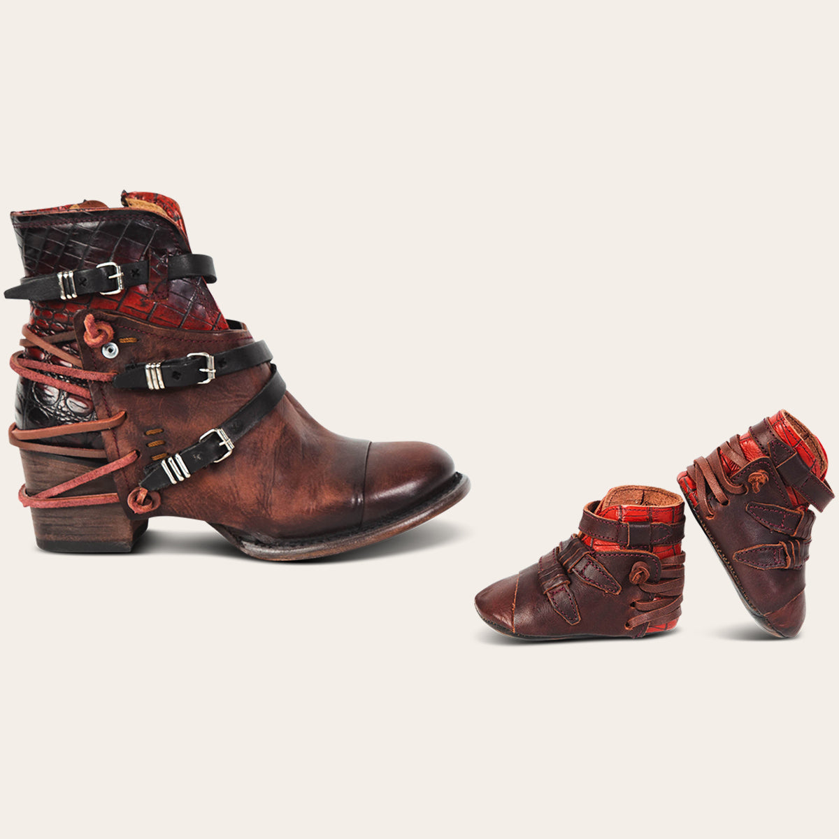 FREEBIRD infant baby crue wine multi back lace detailing and side strap detailing leather bootie with inside velcro closure lifestyle image
