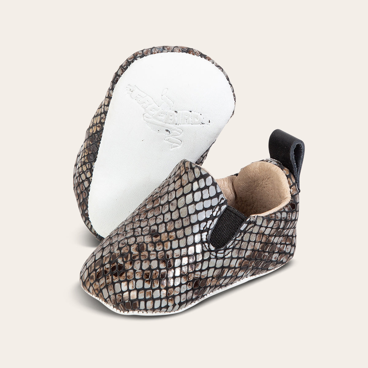 FREEBIRD infant baby kicks blue snake leather shoe with pull tab and side elastic panel lifestyle image